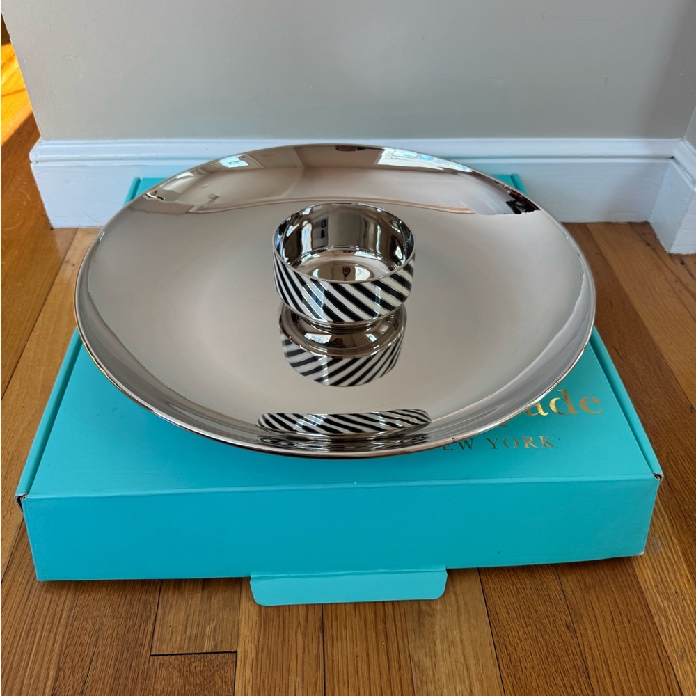 Kate Spade Silver Plated Serving Tray with Black and White Striped Handle